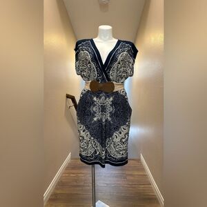 Maurices 1 Plus Woman’s Dress Navy Blue Cream Print with Belt